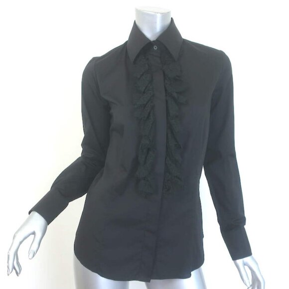 Burberry Lace Ruffle Button Down Shirt Black Stretch Cotton Size US 4 NEW - Picture 1 of 9